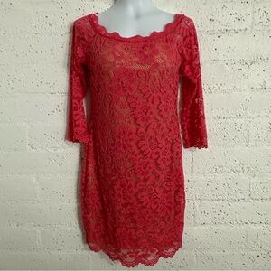 Kimcine Womens Dress XL Pink Lack Bodycon 3/4 Sleeve Nude Lined Y1